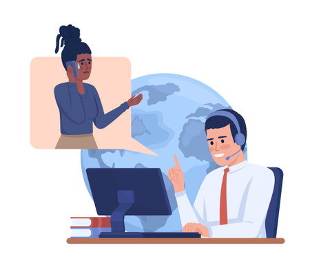 Deal with panicked client 2D vector isolated illustration. Worried woman calling to customer service flat characters on cartoon background. Colorful editable scene for mobile, website, presentationのイラスト素材