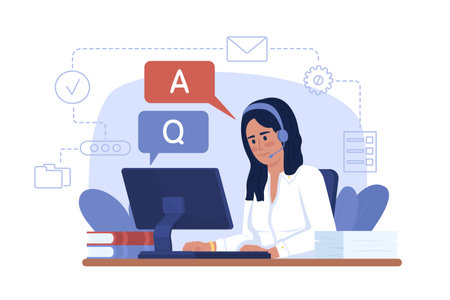 Online chat 2D vector isolated illustration. Worker answering questions flat character on cartoon background. Colorful editable scene for mobile, website, presentation. Sniglet Regular font usedのイラスト素材