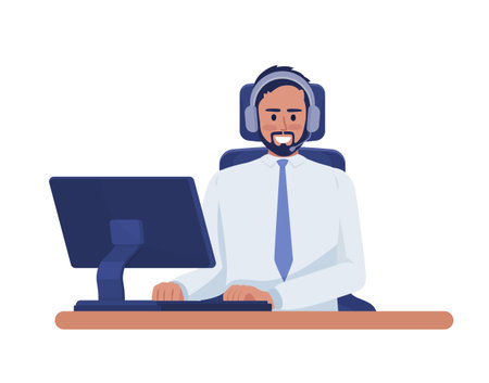 Polite customer support specialist semi flat color vector character. good manners. Editable figure. Full body person on white. Simple cartoon style illustration for web graphic design and animationのイラスト素材