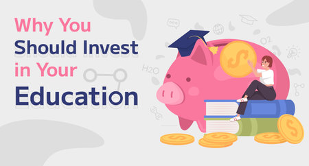 Reasons to save education flat vector banner template. personal growth. Knowledge investment poster, leaflet printable color designs. Editable flyer page with text space. M Plus 1 font usedのイラスト素材