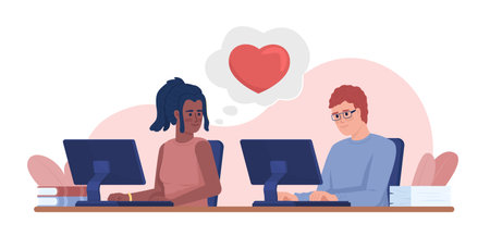 Office romance 2D vector isolated illustration. Young female employee falling in love with colleague flat characters on cartoon background. Colorful editable scene for mobile, website, presentationのイラスト素材