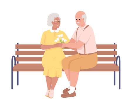 Senior man giving bouquet to elderly woman semi flat color vector characters. Editable figures. Full body people on white. Simple cartoon style illustration for web graphic design and animationのイラスト素材