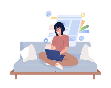 Female graphic designer sitting on couch semi flat color vector character. Editable figure. Full body person on white. Simple cartoon style illustration for web graphic design and animationのイラスト素材