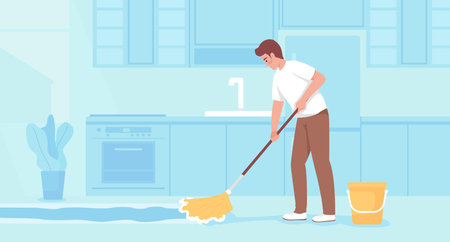 Cleaning kitchen floor at home flat color vector illustration. Man mopping surface after cooking dinner. Fully editable 2D simple cartoon character with light blue interior on backgroundのイラスト素材