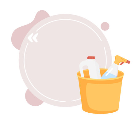 Cleaning tools in mop bucket quote textbox with flat object. Household chores. housekeeping supplies. Speech bubble with editable cartoon illustration. Creative quotation isolated on white backgroundのイラスト素材