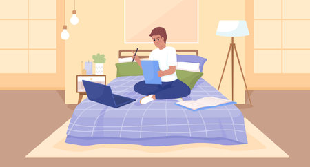 Remote education flat color vector illustration. online public school. Happy boy doing assignment comfortably in bed. Fully editable 2D simple cartoon characters with bedroom on backgroundのイラスト素材