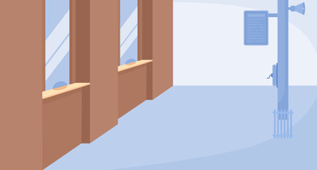 Ticket office windows flat color vector illustration. Booking plane, bus and train tickets. Fully editable 2D simple cartoon interior with dashboard in airport, railway station on backgroundのイラスト素材