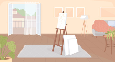Cozy place at home for painting on easel flat color vector illustration. Art supplies for drawing. Leisure activity. Fully editable 2D simple cartoon interior with balcony in living room on backgroundのイラスト素材