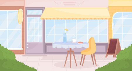 Cafe outdoor seating flat color vector illustration. Enjoying drink and food outside. Cozy dining option. breakfast. Fully editable 2D simple cartoon cityscape with buildings exterior on backgroundのイラスト素材