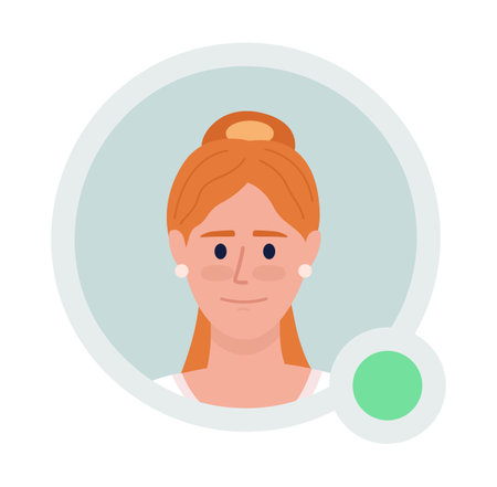 Pretty ginger haired girl flat vector avatar icon with green dot. Editable default persona for UX, UI design. Profile character picture with online status indicator. colorful messaging app user badgeのイラスト素材