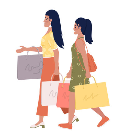 Happy mom and daughter with shopping bags semi flat color vector characters. Editable figures. Full body people on white. Simple cartoon style illustration for web graphic design and animationのイラスト素材