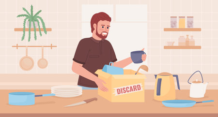 Decluttering kitchen countertop and drawers flat color vector illustration. Packing for discarding. hero image. Fully editable 2D simple cartoon character with interior on background. Oswald font usedのイラスト素材
