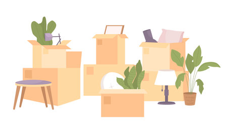 Messy pile of boxes with living room decor semi flat color vector objects. Editable icon. Full sized items on white. Simple cartoon style spot illustration for web graphic design and animationのイラスト素材