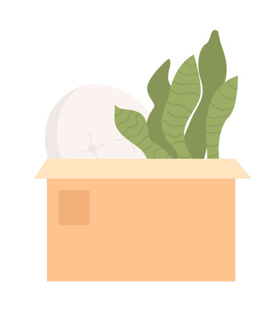 Packing cardboard box with cushion and houseplant semi flat color vector object. Editable icon. Full sized item on white. Simple cartoon style spot illustration for web graphic design and animationのイラスト素材