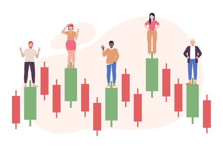 Stock trends loader flat concept vector illustration. Investors on candlestick chart. Flash message with flat 2D characters on cartoon isolated background. Editable image for mobile, website UX designのイラスト素材