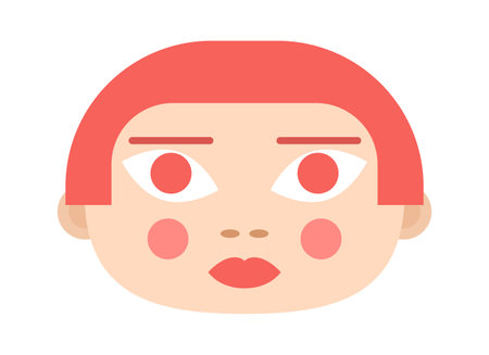 Round-faced doll girl with red pot haircut semi flat color vector avatar. Editable icon. Character head on white. Simple cartoon style spot illustration for web graphic design and animationのイラスト素材