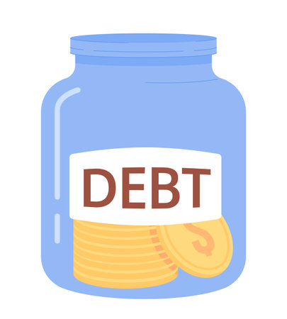 Glass jar with debt label semi flat color vector object. editable element. Paying off loans. Simple cartoon style spot illustration for web graphic design and animation. oxygen font usedのイラスト素材