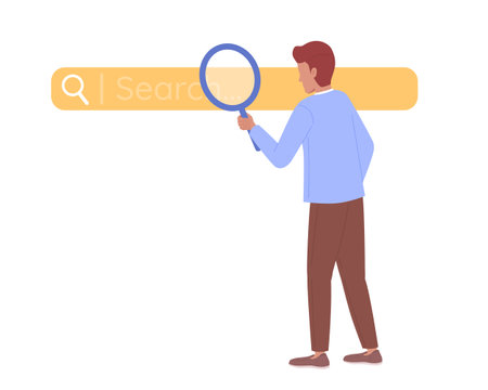 Man with magnifying glass searching on internet flat concept vector spot illustration. Editable 2D cartoon character on white for web design. SEO creative idea for website, mobile, magazineのイラスト素材