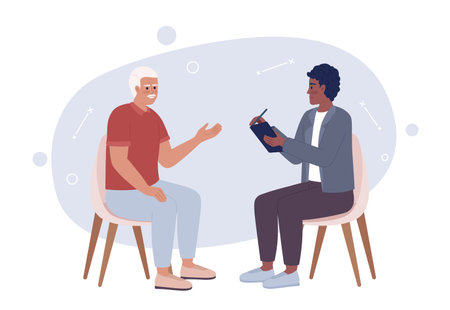 Sales representative interacting with customer 2D vector isolated spot illustration. Salesman utilizing tablet flat characters on cartoon background. Colorful editable scene for mobile app, websiteのイラスト素材