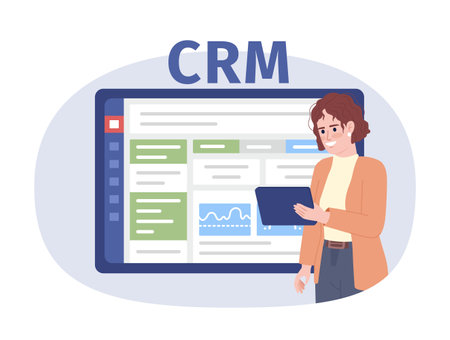 Salesperson using CRM software for sales flat concept vector spot illustration. Editable 2D cartoon character on white for web design. Creative idea for website, mobile app. Fira Sans Bold font usedのイラスト素材