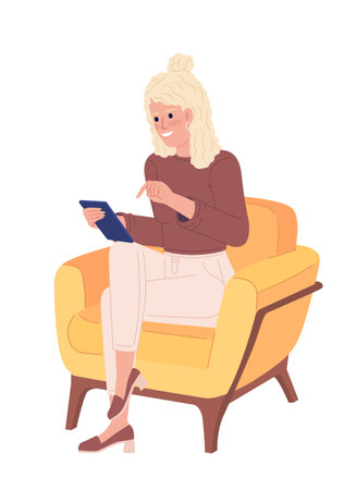 Curly blond woman with mobile phone in chair semi flat color vector character. Editable figure. Full body person on white. Simple cartoon style spot illustration for web graphic design and animationのイラスト素材
