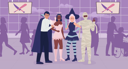 Cosplay culture flat color vector illustration. Cosplayers friends posing together on anime convention. hero image. Fully editable 2D simple cartoon characters with crowded hall on backgroundのイラスト素材