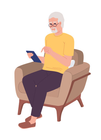 Old eyeglasses man with smartphone in armchair semi flat color vector character. Editable figure. Full body person on white. Simple cartoon style spot illustration for web graphic design and animationのイラスト素材