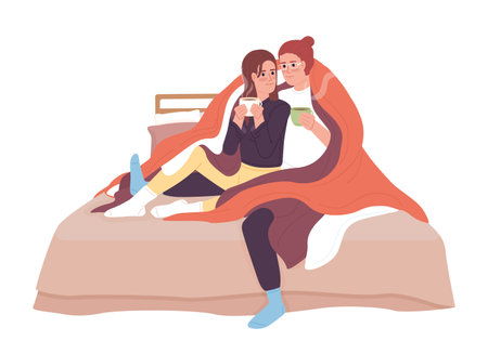 Couple with hot drinks cuddling under blanket semi flat color vector characters. Editable figures. Full body people on white. Simple cartoon style spot illustration for web graphic design, animationのイラスト素材