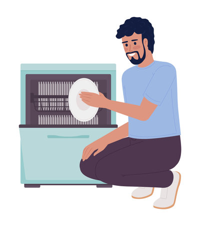 Happy man unloading dishwasher machine semi flat color vector character. Editable figure. Full body person on white. Simple cartoon style spot illustration for web graphic design and animationのイラスト素材