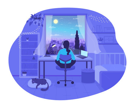 Lo-fi study flat concept vector illustration. Girl doing homework at night. Flash message with flat 2D character on cartoon isolated background. Colorful editable image for mobile, website UX designのイラスト素材