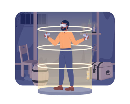 VR gaming in medieval fantasy adventure 2D vector isolated spot illustration. Virtual reality gamer flat character on cartoon background. Colorful editable scene for mobile, website, magazineのイラスト素材