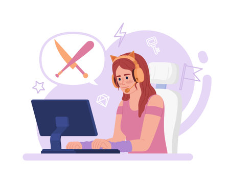 Female online gamer in esport 2D vector isolated spot illustration. Headphones girl at computer flat character on cartoon background. Colorful editable scene for mobile, website, magazineのイラスト素材