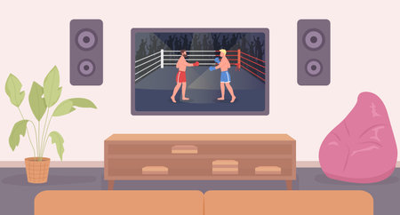 Two-player fighting game on tv screen flat color vector illustration. Watching boxing match. hero image. Fully editable 2D simple cartoon living room interior with widescreen television on backgroundのイラスト素材