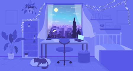 Cozy bedroom with night cityscape view in window flat color vector illustration. Lo fi atmosphere. hero image. Fully editable 2D simple cartoon bedroom interior with nighttime window on backgroundのイラスト素材