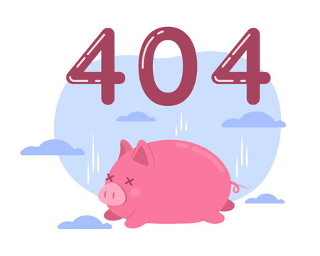 Exhausted pink piggy vector empty state illustration. Editable 404 not found page for UX, UI design. Pig flat character on cartoon background. Colorful website error flash message. Quicksand font usedのイラスト素材