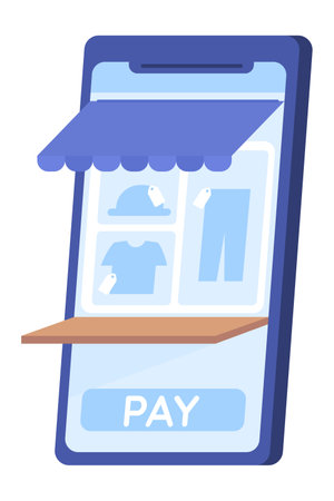 Online marketplace website on mobile phone flat concept vector spot illustration. Editable 2D cartoon icon on white for web design. Creative idea for website, mobile, magazine. Quicksand font usedのイラスト素材