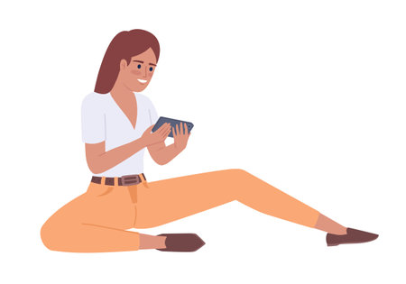 Relaxed girl playing on game console semi flat color vector character. Editable figure. Full body person on white. Simple cartoon style spot illustration for web graphic design and animationのイラスト素材