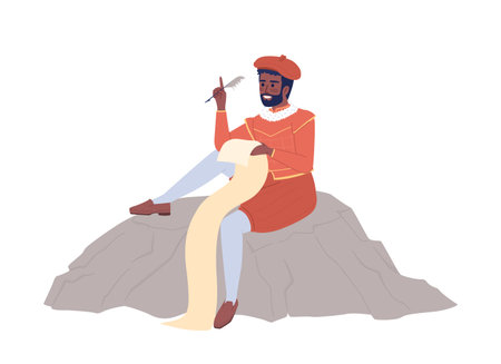 Medieval royal poet writing with quill semi flat color vector character. Editable figure. Full body person on white. Simple cartoon style spot illustration for web graphic design and animationのイラスト素材