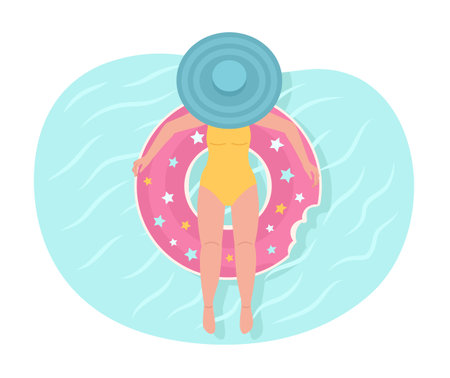 Lady swimming on pool float 2D vector isolated spot illustration. Girl in swimsuit at tropical resort flat character on cartoon background. Colorful editable scene for mobile, website, magazineのイラスト素材