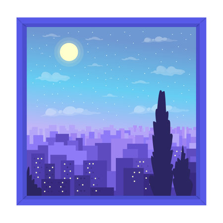 Nighttime cityscape view from window semi flat color vector icon. editable object. Full sized element on white. Simple cartoon style spot illustration for web graphic design and animationのイラスト素材