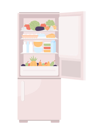 Open filled refrigerator with healthy food semi flat color vector object. Editable icon. Full sized element on white. Simple cartoon style spot illustration for web graphic design and animationのイラスト素材