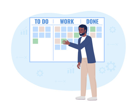 Project manager using scrum task board 2D vector isolated spot illustration. Supervisor flat character on cartoon background. Colorful editable scene for mobile, website, magazine. Oswald font usedのイラスト素材