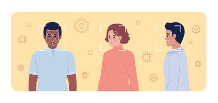 Public facial recognition 2D vector isolated spot illustration. biometrics. Identifying personnel...