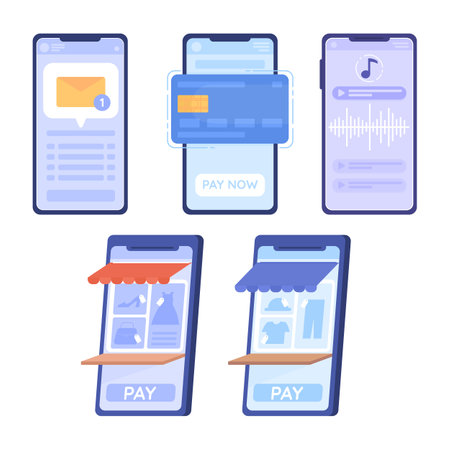 Mobile phone screens with applications flat concept vector spot illustration bundle. Editable 2D cartoon icons on white for web design. Creative ideas pack for website, mobile. Quicksand font usedのイラスト素材