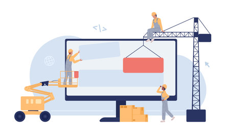 Building website with machines flat concept vector spot illustration. under maintenance. Editable 2D cartoon characters on white for web design. Construction site creative idea for mobile appのイラスト素材