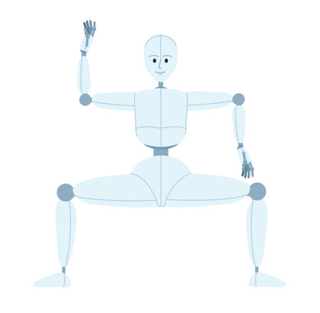 Humanoid robot break dance semi flat color vector character. human-like movement. Editable full body figure on white. Simple cartoon style spot illustration for web graphic design and animationのイラスト素材