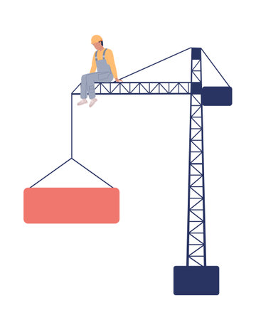 Worker sitting on tower crane semi flat color vector character. Building machine on construction site. Editable on white. Simple cartoon style spot illustration for web graphic design and animationのイラスト素材