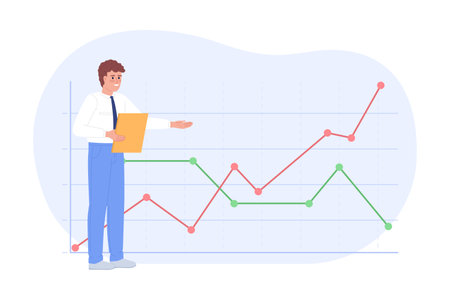 Creating line chart for forecasting business trends flat concept vector spot illustration. Editable 2D cartoon character on white for web design. Predict sales creative idea for website, mobile appのイラスト素材