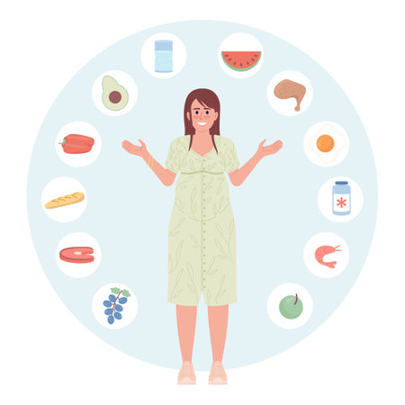 Eating healthy during pregnancy flat concept vector spot illustration. Editable 2D cartoon character on white for web design. Nutrition diet for pregnant woman creative idea for website, mobile appのイラスト素材