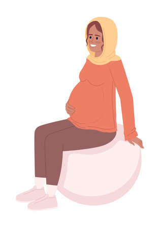 Smiling pregnant woman sitting on exercise ball semi flat color vector character. Editable figure. Full body person on white. Simple cartoon style spot illustration for web graphic design, animationのイラスト素材